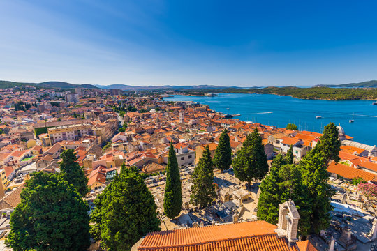 July 20, 2016: Wide angle shot of the old town of Sibenik, Croat