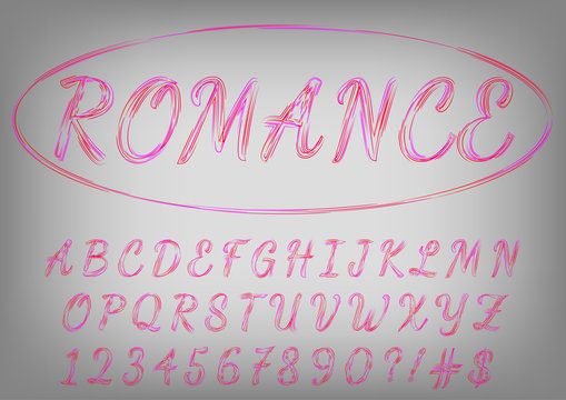 Romantic red and purple script typeface. Valentines day love letters on vector background.