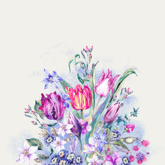 Vintage Flowers Watercolor Bouquet, Purple Tulips
