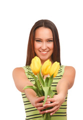 Beauty woman brunette with Flower bouquet tulips