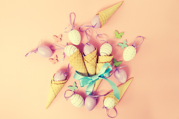 Easter Spring Concept. Flat Lay or Top View of Easter Eggs and I