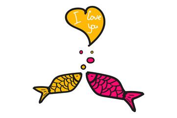 lovers of fish, the heart of the bubble. holiday February 14, Valentine's day. Doodles.  Hand lettering. Vector printable poster with phrase.Design for clothing and cards. funny pictures.