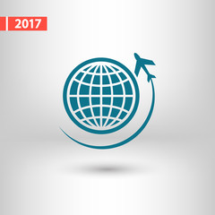 Globe with airplane icon,  vector illustration. Flat design styl