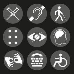 Vector disabled signs with deaf, dumb, mute, blind, braille font, mental disease, low vision, wheelchair icons. Collection of mandatory signs for public places and web design