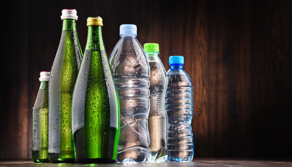Different sorts of bottles containing mineral water
