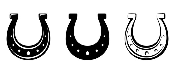Set of three vector black silhouettes of horseshoes isolated on a white background. - obrazy, fototapety, plakaty
