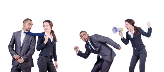 Office conflict between man and woman isolated on white