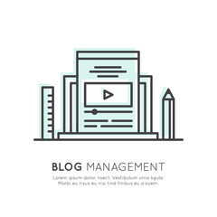 Vector Icon Style Illustration of Blog Management, Video Blogging, Live Journal, Personal Web Page, Filling with Content, Vlog, Followers and Sharing Concept
