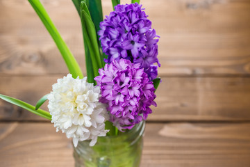 Fresh hyacinth flowers on wooden background. Beautiful idea for greeting cards for Valentine's day, March 8 and mother's day