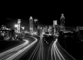 Peel and stick wall murals City building Atlanta skyline at night, high contrast
