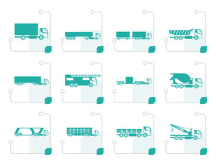Fototapeta na wymiar Stylized different types of trucks and lorries icons - Vector icon set