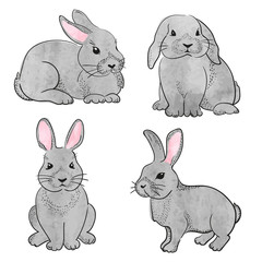 Set of cute watercolor rabbits isolate on white. Vector illustration of lovely bunnies.