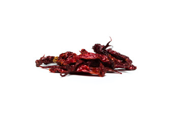 A dried chillies lay flat isolated over white background