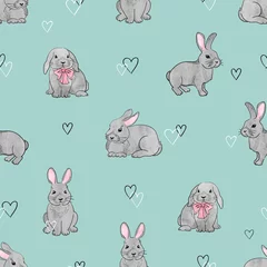 Draagtas Pasen konijnen naadloze patroon. Vector achtergrond met schattige aquarel konijntjes op blauw. © Afanasia