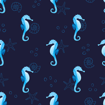 Watercolor blue seamless pattern with sea horses and starfishes. Vector sea background. 