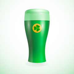 Green beer with clover symbol for St Patrick's day. Isolated on a white background. Vector illustration, eps 10.
