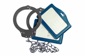 Handcuffs with chain and name tag