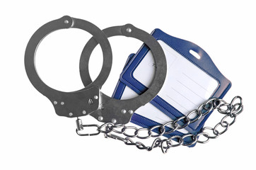 Handcuffs with chain and name tag