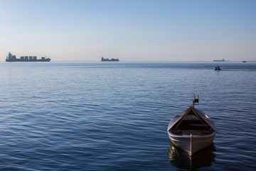 Boats and ships on the Aegean sea on Thessaloniki seafront in Greece..