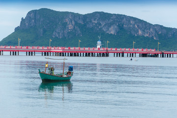 Landscape of fishing boats floating sea at Prachuap Khiri Khan province, Southern of Thailand