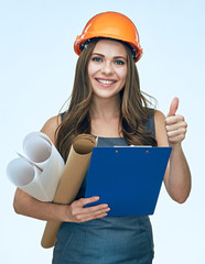 Smiling builder business woman holding blueprints with clipboard