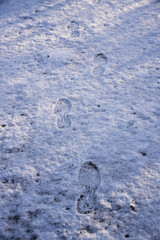 Footprints in freshly fallen snow, winter background with copy space