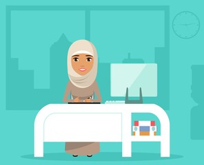 Arab young girl sitting at a desk. Business concept. A girl at work. Workplace in office. Happy girl.
