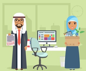 Concept employment. The guy and the girl Arabs. Young girl holding a box with personal belongings. Workplace in office. Happy people.