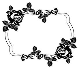 Black and white frame with stylized roses silhouettes. Vector clip art.
