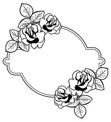 Black and white round frame with stylized roses silhouettes. Vector clip art.