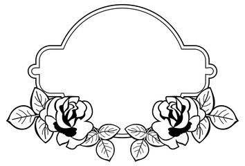 Black and white round frame with stylized roses silhouettes. Vector clip art.