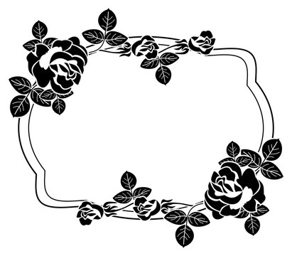 Black and white frame with stylized roses silhouettes. Vector clip art.