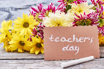 Flowers, chalk, greeting card. Let's congratulate our teachers.