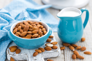Fresh almond milk and nuts, vegan drink