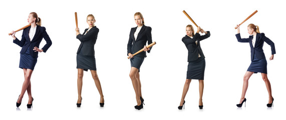 Businesswoman with baseball bat on white