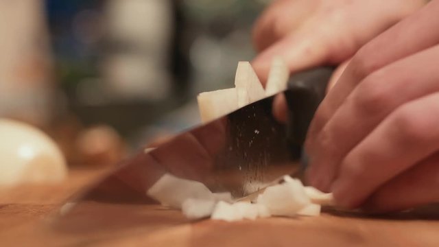 Chef Preparing Food - Chopping Onions With Knife, Close Up