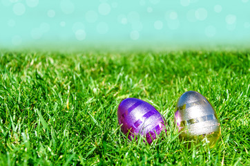 Easter eggs on the grass and sky background