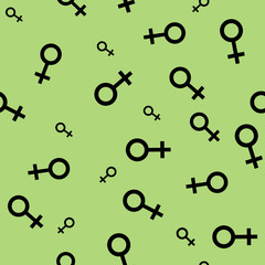 Seamless pattern with black female symbols. Female small signs different sizes. Pattern on light green background. Vector illustration
