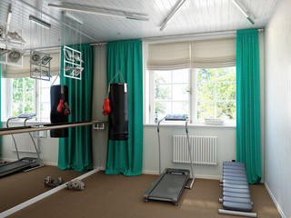 Home gym interior with fitness equipment - 135986500