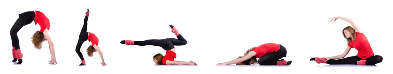 Woman doing exercises on white