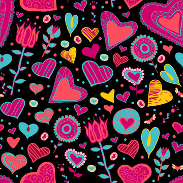 Bright cartoon pattern with flowers and hearts