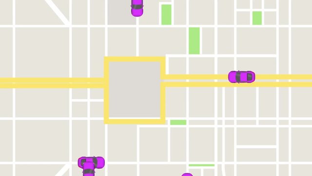 A looping simulated ride sharing app map background screen of a fictional city for a tablet PC or PC. Created in After Effects.	 	