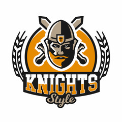 Logo on the warrior. The face of a bearded man in a medieval helmet and swords cross. Hero, barbarian, defender of the castle knight, paladin. Badges shield, lettering. Vector illustration.