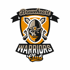 Logo on the warrior. The face of a bearded man in a medieval helmet and swords cross. Hero, barbarian, defender of the castle knight, paladin. Badges shield, lettering. Vector illustration.