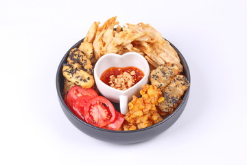 Deep fried dessert of corn ,taro ,nian gao and banana .
