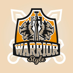 Logo on the warrior. The emblem of the face of a bearded man in a medieval helmet and sword. Hero, barbarian, defender of the castle knight, paladin. Badges shield, lettering. Vector illustration.