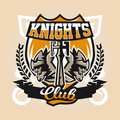 Logo on the warrior. The emblem of the face of a bearded man in a medieval helmet and sword. Hero, barbarian, defender of the castle knight, paladin. Badges shield, lettering. Vector illustration.