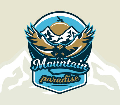 Logo, emblem of an eagle flying. Mountains, rocks. Badges shield, lettering. Vector illustration.