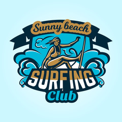 Logo on surfing. Emblem surfer girl in a bathing suit. Beach, waves, tropical island. Extreme sport. Badges shield, lettering. Vector illustration.
