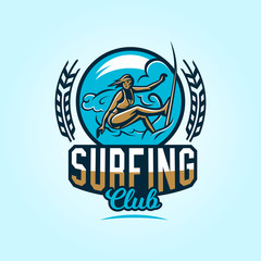 Logo on surfing. Emblem surfer girl in a bathing suit. Beach, waves, tropical island. Extreme sport. Badges shield, lettering. Vector illustration.